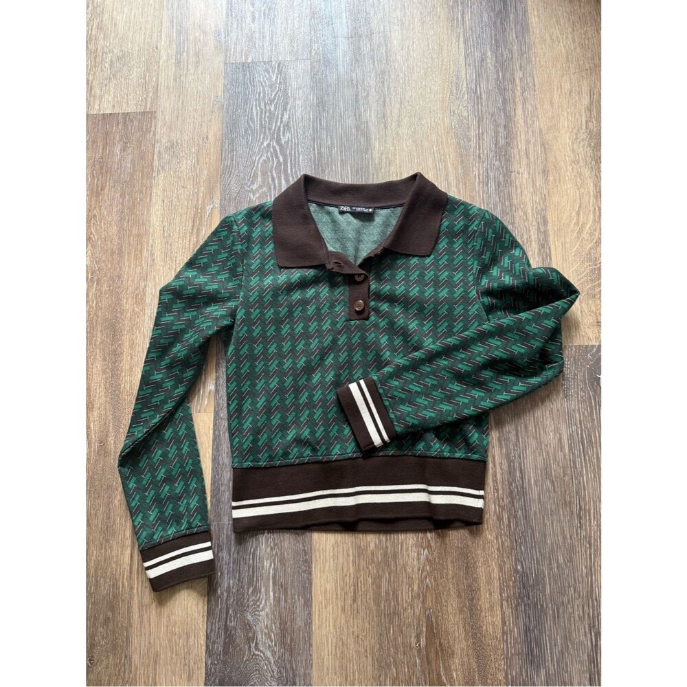 Zara Cropped Polo Sweater Green Brown Chevron Size Small